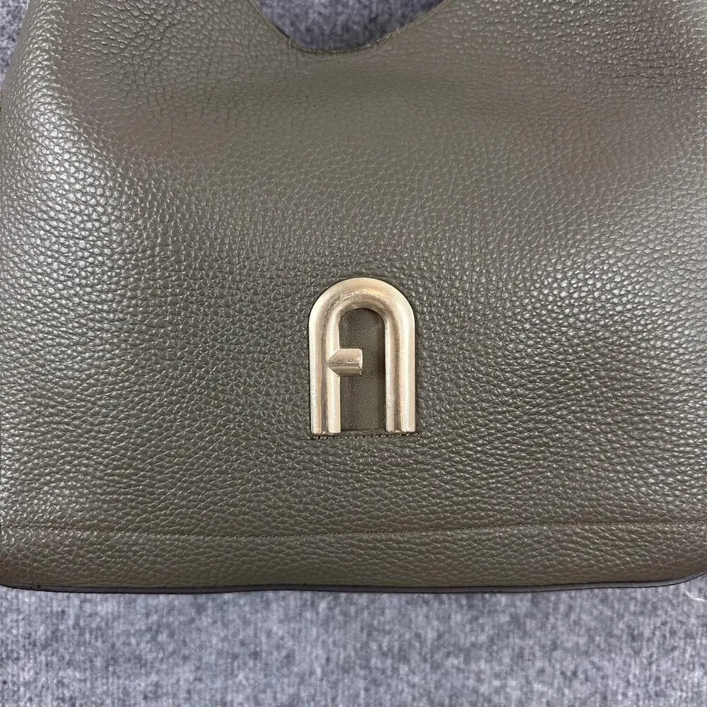 Furla Primula Hobo Bag Pebbled Leather Shoulder Tote Green Luxury Chic Office